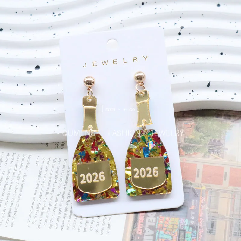 2026 New Year Acrylic Champagne Earrings Fun Unique Creative Earrings European American Cross Border Holiday Dangle Earrings
