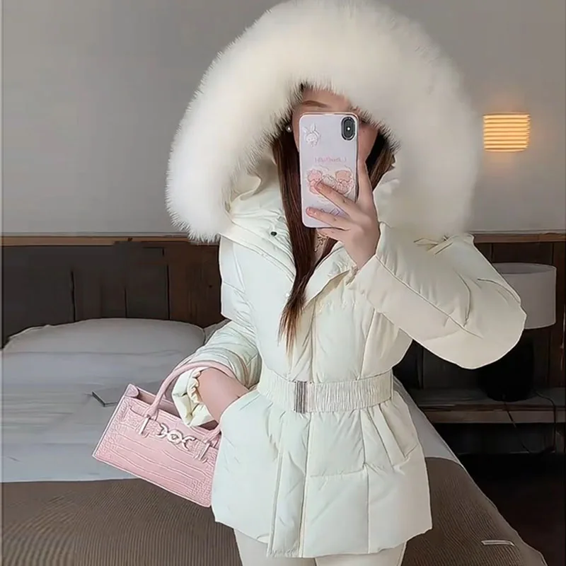 Winter Women's Faux Fur Collar Hooded Parkas Fashion Belt Thick Padded Cotton Jacket Women Slim Fit Solid Zipper Puffer Jackets 1