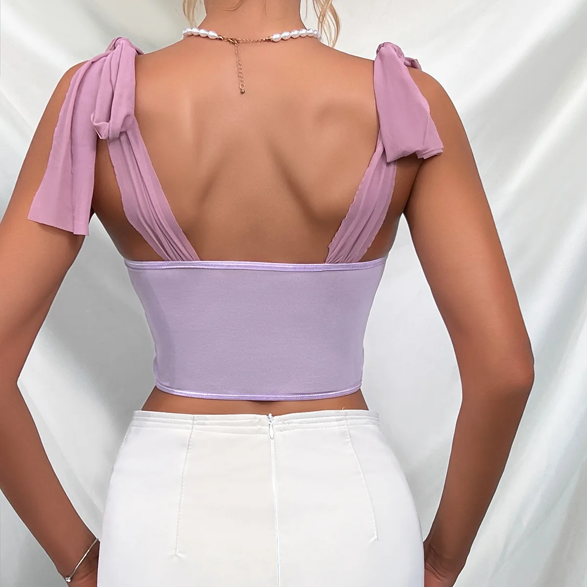 Bowknot Crop Corset Purple Lace-up Bustier Summer Sexy Mesh Halter Lingerie Tank Tops Women\'s Clothes Caims Streetwear Slim Vest