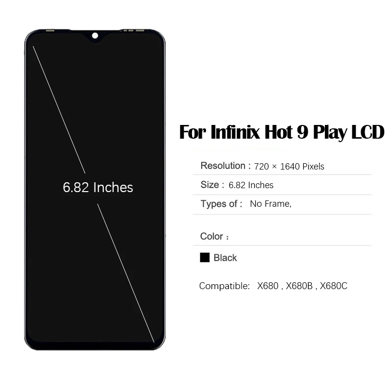 LCD Screen for 6.82 inches Infinix Hot 9 Play X680 X680B X680C LCD Touch Screen Digitizer Assembly with Repair Tool and Glue