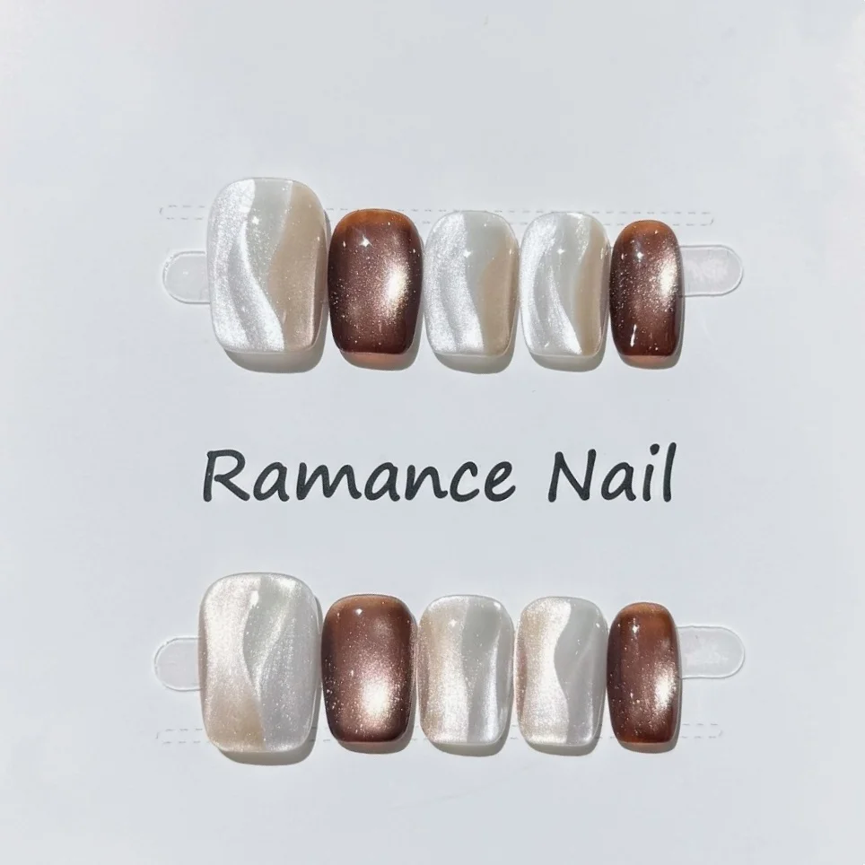 

10PCS New Style Satin Flow Amber Water Ripple Hand-pressed Nails Available In L/M/S/XS Sizes Square Nails Removable False Nails