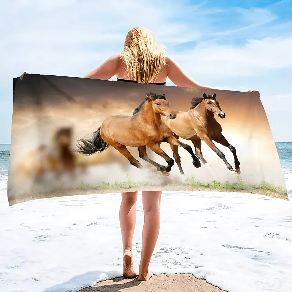 Custom 3D Horse Beach Towel Microfiber Quick-Drying Bath Convenient Thin Blanket Suitable For Swimming Travel Yoga Camping