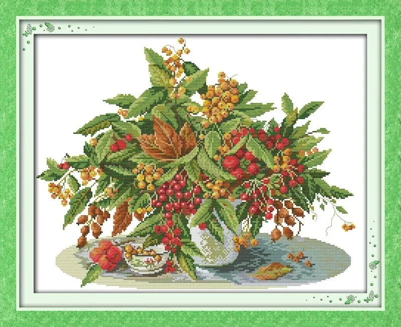 Joy Sunday New Printed Cross Stitch Kit  Easy Pattern Aida  Stamped Fabric Embroidery Set-Cherry Vase