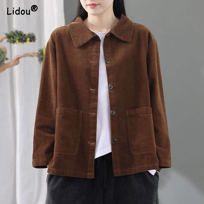 

2023 New Fashion Retro Art Simple and Versatile Lapel Pocket Long Sleeve Loose Oversized Solid Color Women's Corduroy Coat