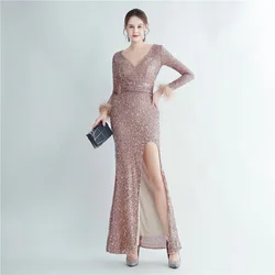 Sladuo Women's Sexy Long Sleeve With Feather Sparkly Maxi Dress V Neck High Slit Wrap Formal Gown Cocktail Glitter Maxi Long Dr