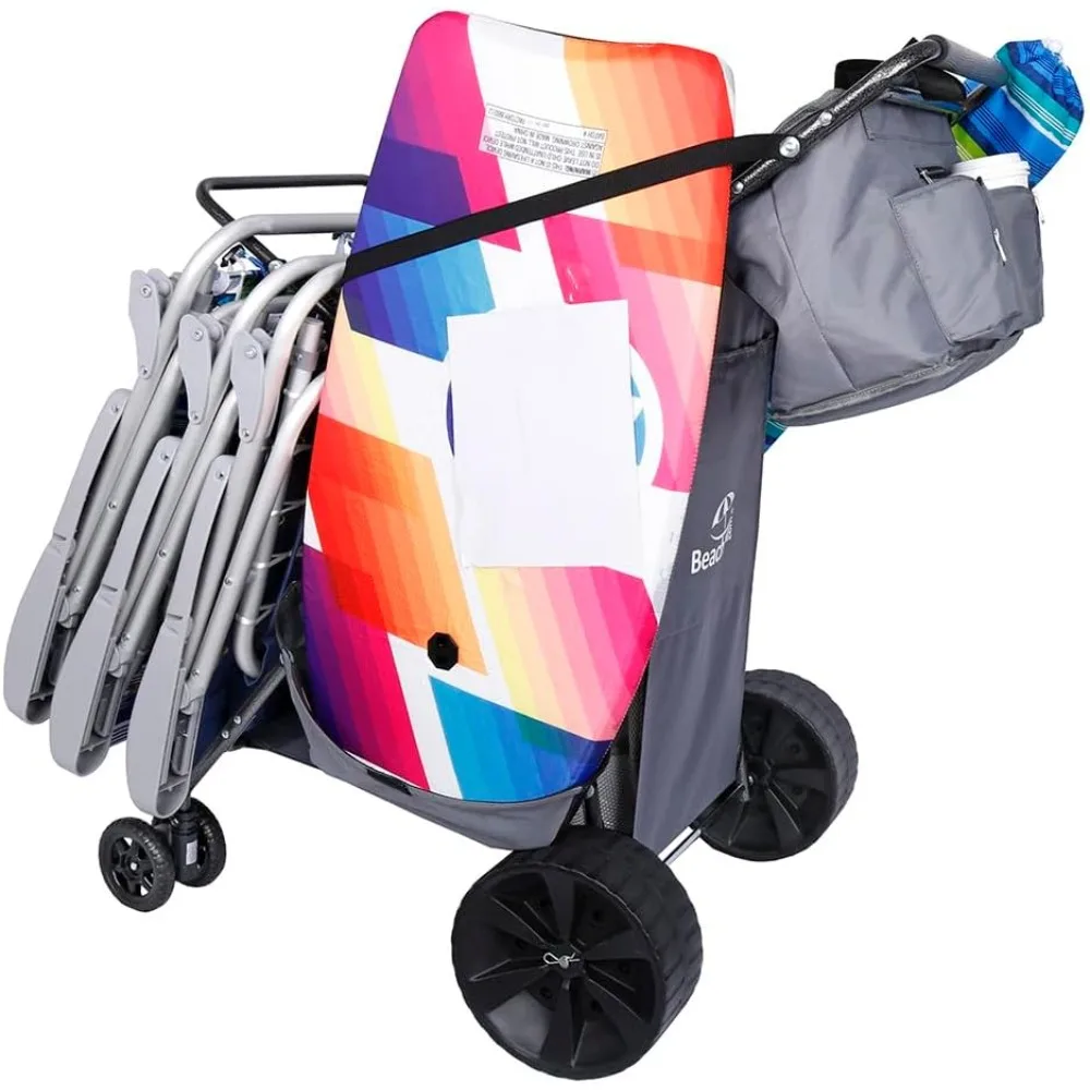 عربة شاطئ بعجلات كبيرة للرمل، عربة ذات عجلات واسعة مع مبرد معزول، لوح الجسم، وحامل المظلة