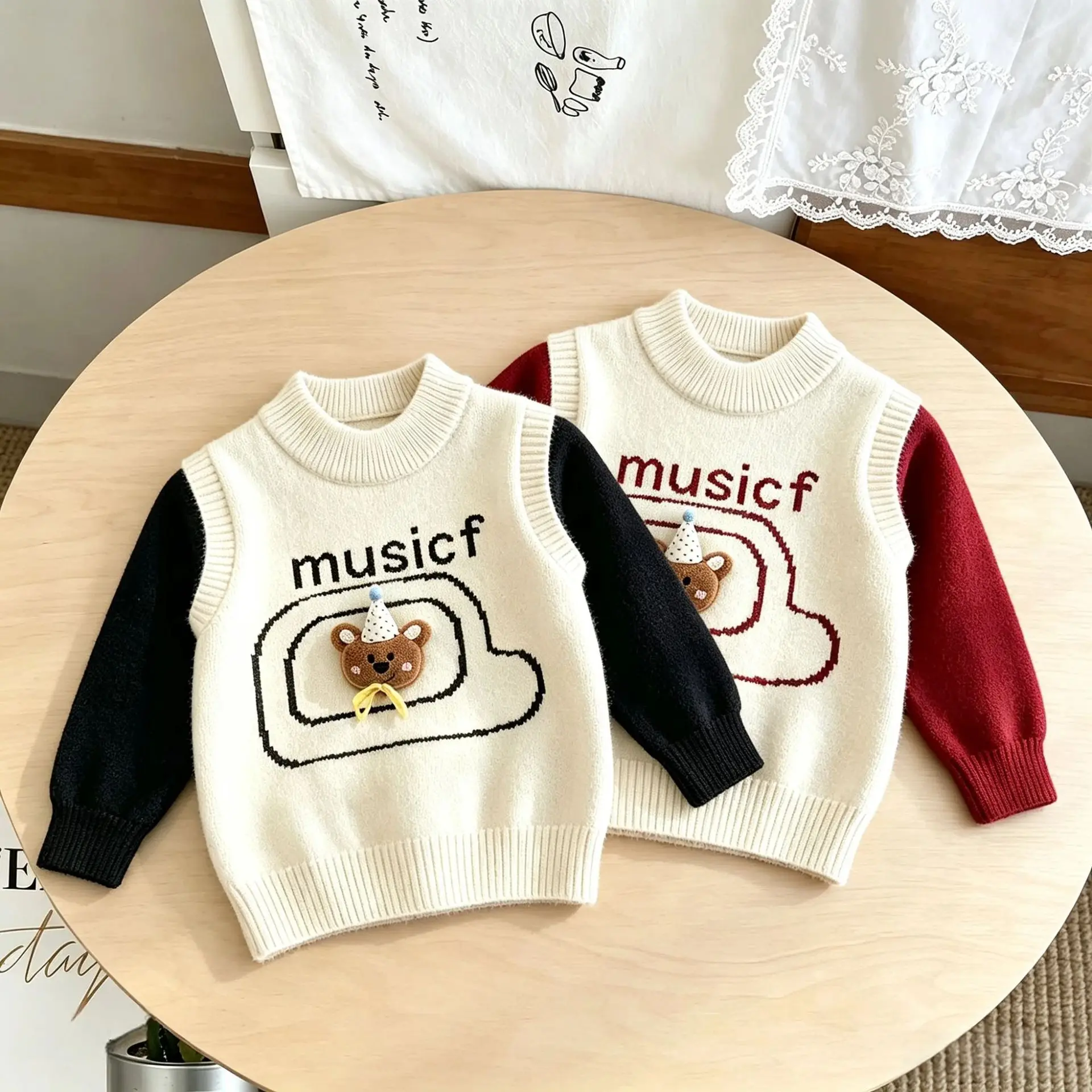 Kids Fake Two-Piece Round Neck Sweaters for Boys Autumn Winter 3D Bear Knit Pullover Patchwork Letters Warm Student Tops JY10102