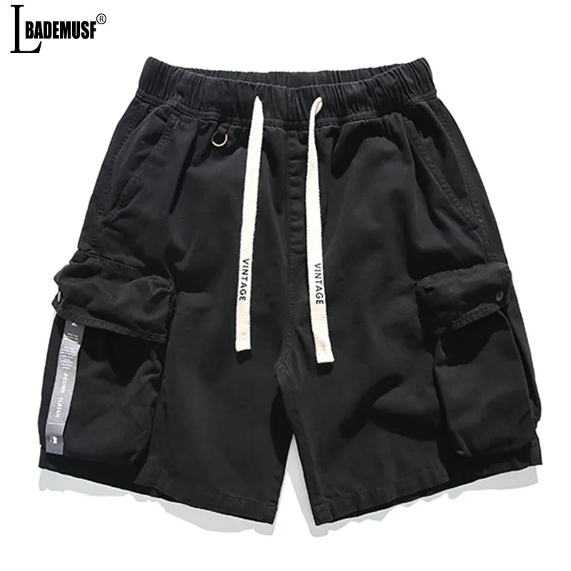 100% Baumwolle Cargo Shorts Männer neue locker sitzende Mode elastische Taille Sommer einfarbig große Tasche Street Running Shorts Männer