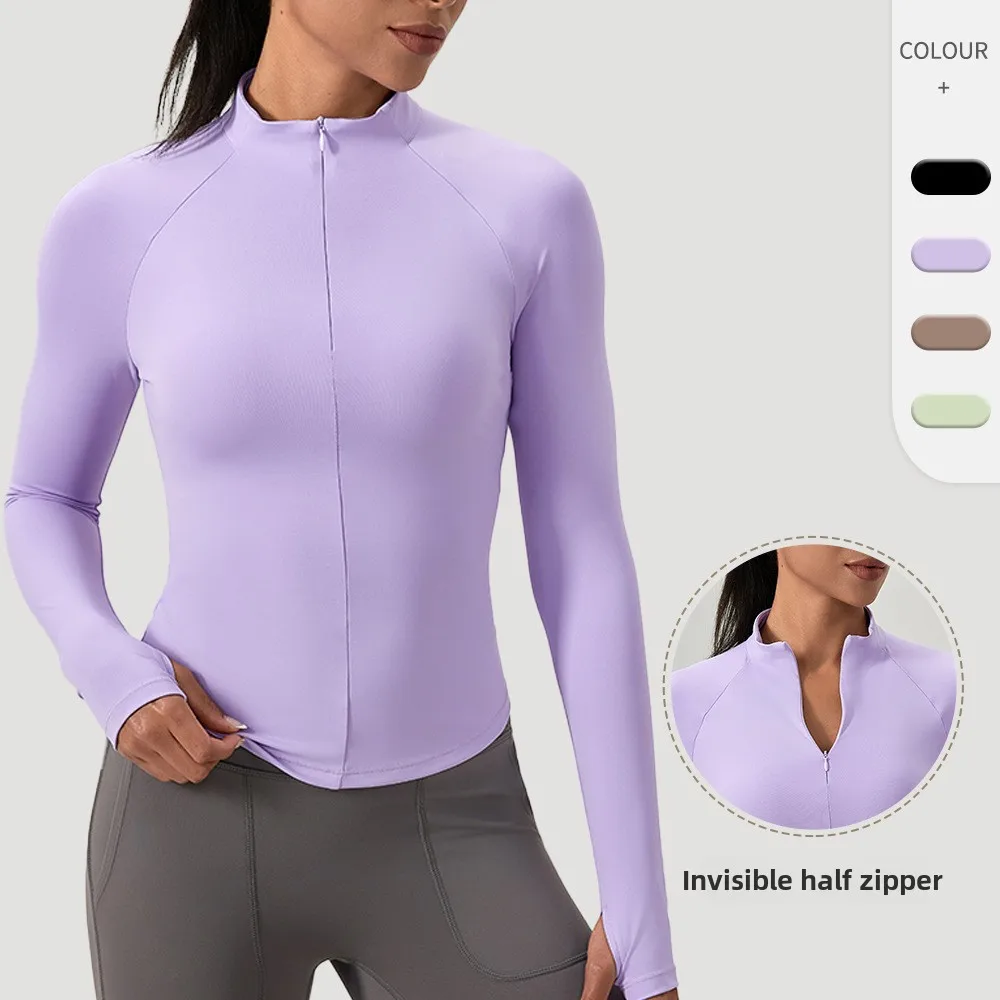 

Summer High Quality Waist Slimming Training Tops Women's Quick-drying Tight Stand Collar Full Zipper long Sleeves Yoga shirts