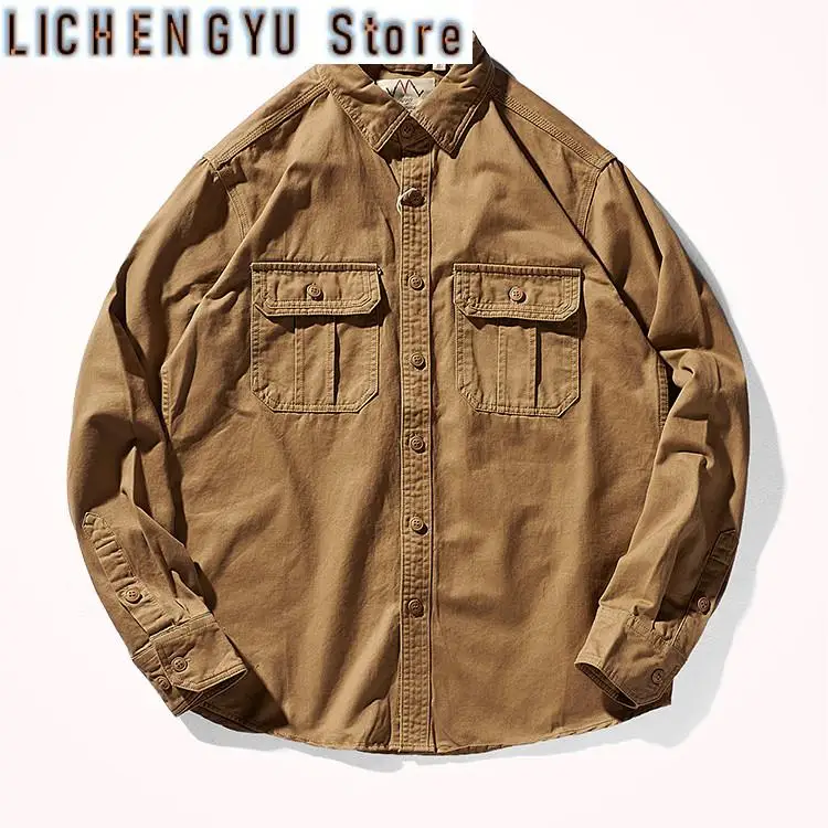 Autumn New American Retro Woven Tooling Shirt Men's Fashion Pure Cotton Washed Old Long Sleeve Double Pocket Casual Blouses Coat