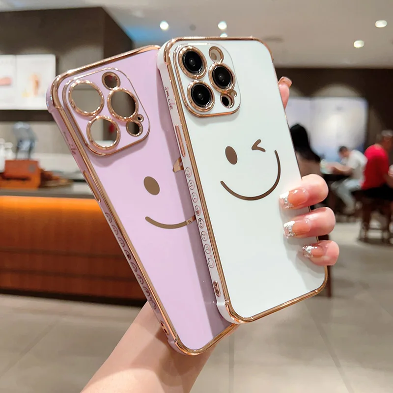 Fashion Smiling Face Soft Phone Cases For IPhone 11 12 13 14 15 X XS XR 7 8 Pro Max PLus Luxury Electroplating Cover