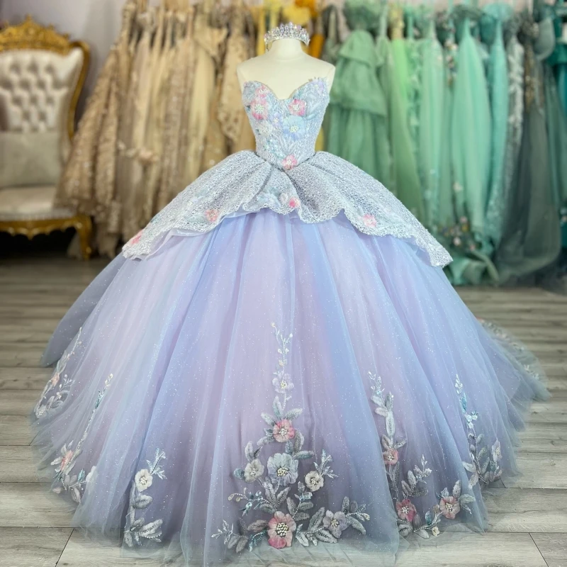 

Lavender Shiny Quinceanera Dresses Off The Shoulder Aplique Lace Crystal Beading Tull Corset Party Birthday Sweet 16 Dress