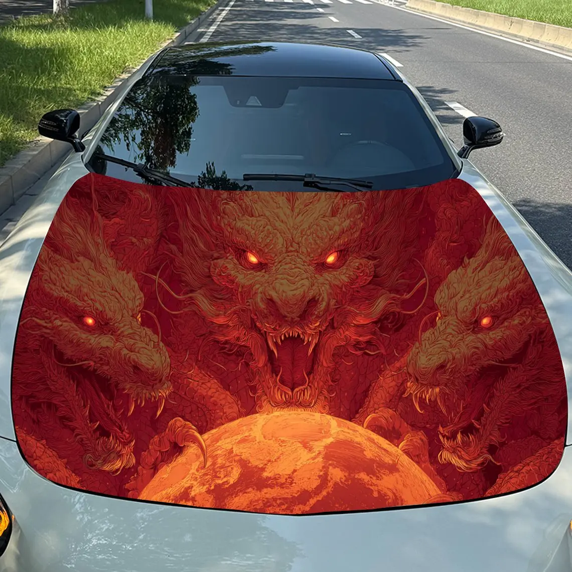 

Striking Red Fiery Dragon Car Hood Stickers - Self-Adhesive, Waterproof and Durable Vinyl Wrap, Decorate And Protect Your Car -