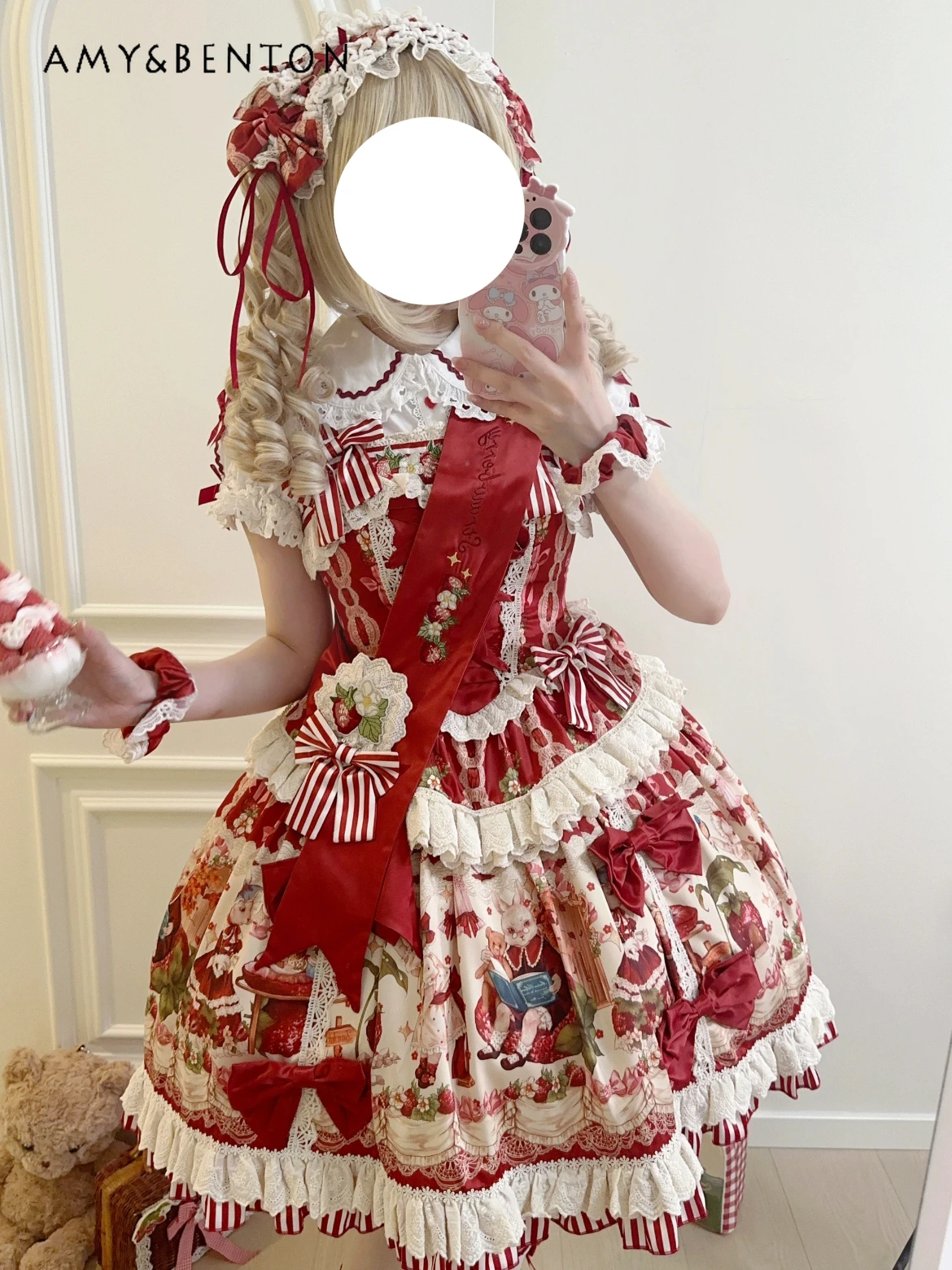 

Sweet Cartoon Print Lolita Original JSK Dress Women Princess Evening Dresses Kawaii Cute Girl Bow Lace Patchwork Slim Mini Dress