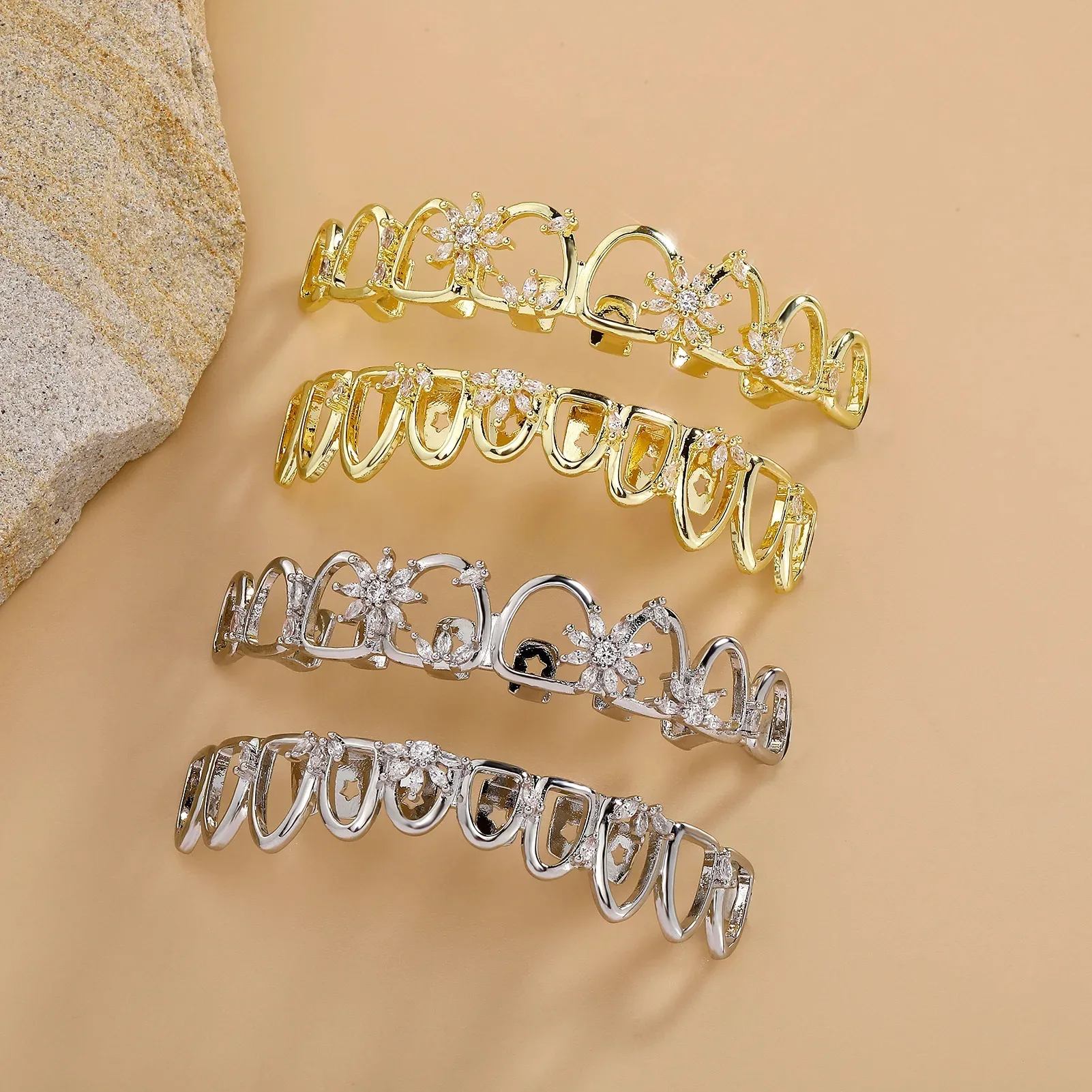 Women's Hip Hop Iced CZ Hollow Lucky Flower 8 Teeth Grillz Set Top & Bottom Sparkling Star Punk Rapper Jewelry Accessory