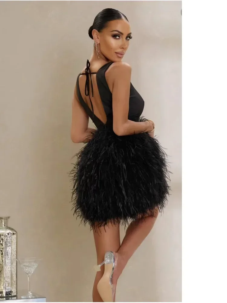 Feather Jazz Dance Costumes Wear Dress Models Deep V Neck Urban Latin Women Backless Festival Slim Fit Pole Use Clothing 2024