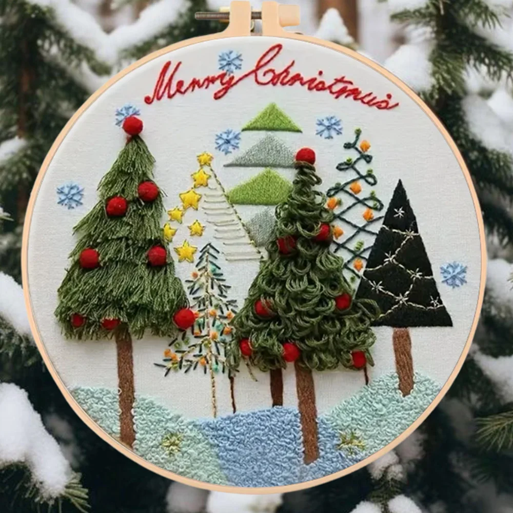 Christmas Embroidery Landscape Winter Kit With Hoop DIY Cross Stitch Snowman Sewing Kit For Beginner Adult