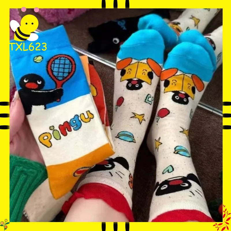 

New 3/4 Pairs Pingu Medium Length Socks Women Cartoon Autumn Winter Casual Breathable Soft Fashionable Kawaii Girls Socks Gifts