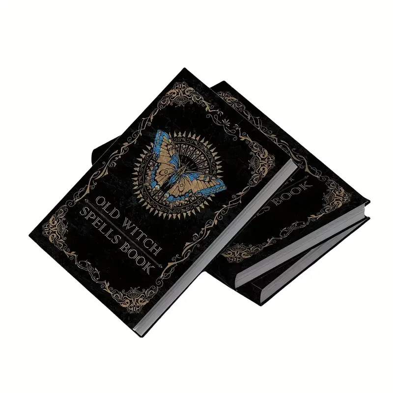 Golden Embossed Old Witch Spells Book | A5 Wizardry Grimoire with Butterfly Motif & Mystical Symbols | Premium Paper