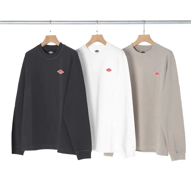 Autumn Exported to Japan Style Small Icon Embroidery Tees Classic Fashion Solid Simple Man Loose Long Sleeve Cotton T-shirt Tops