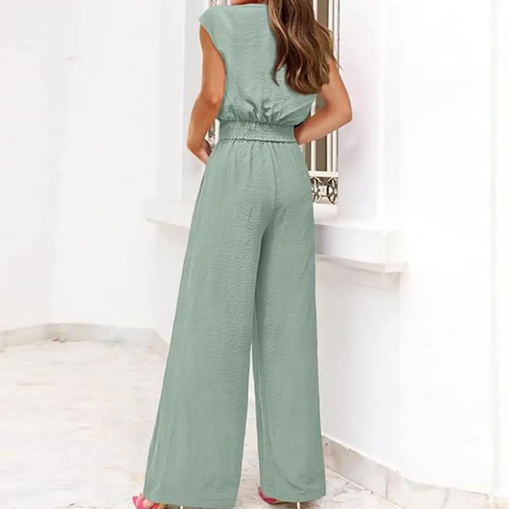 Women Spring Suit Women's Lace-up Knot Top Wide Leg Pants Set for Ol Commute V Neck High Waist Solid Color T-shirt Trousers Set