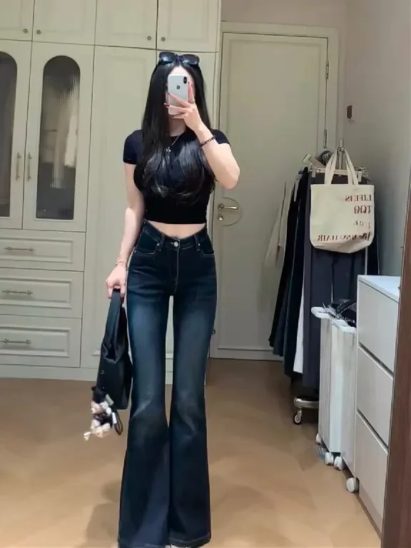 

Джинсы-клеш с высокой талией Slim Fit в американском ретро-стиле, износостойкие, из хлопкового стрейч-денима, для женщин с фигурой типа «груша»