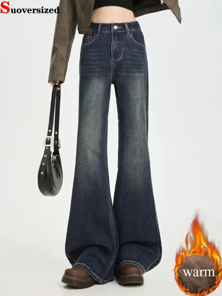 

Женские винтажные утепленные джинсы-клеш, зимние теплые джинсовые брюки с высокой талией на бархатной подкладке, корейская модная уличная одежда, широкие брюки Vaqueros