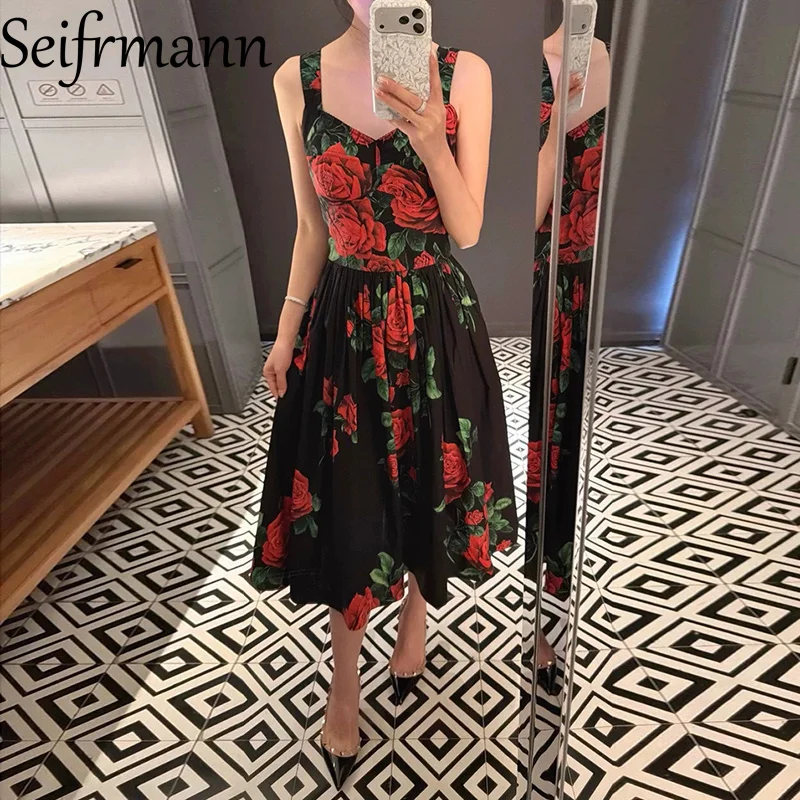 Seifrmann cotton Casual printed suspender dress square neck sleeveless waist mid-length dress