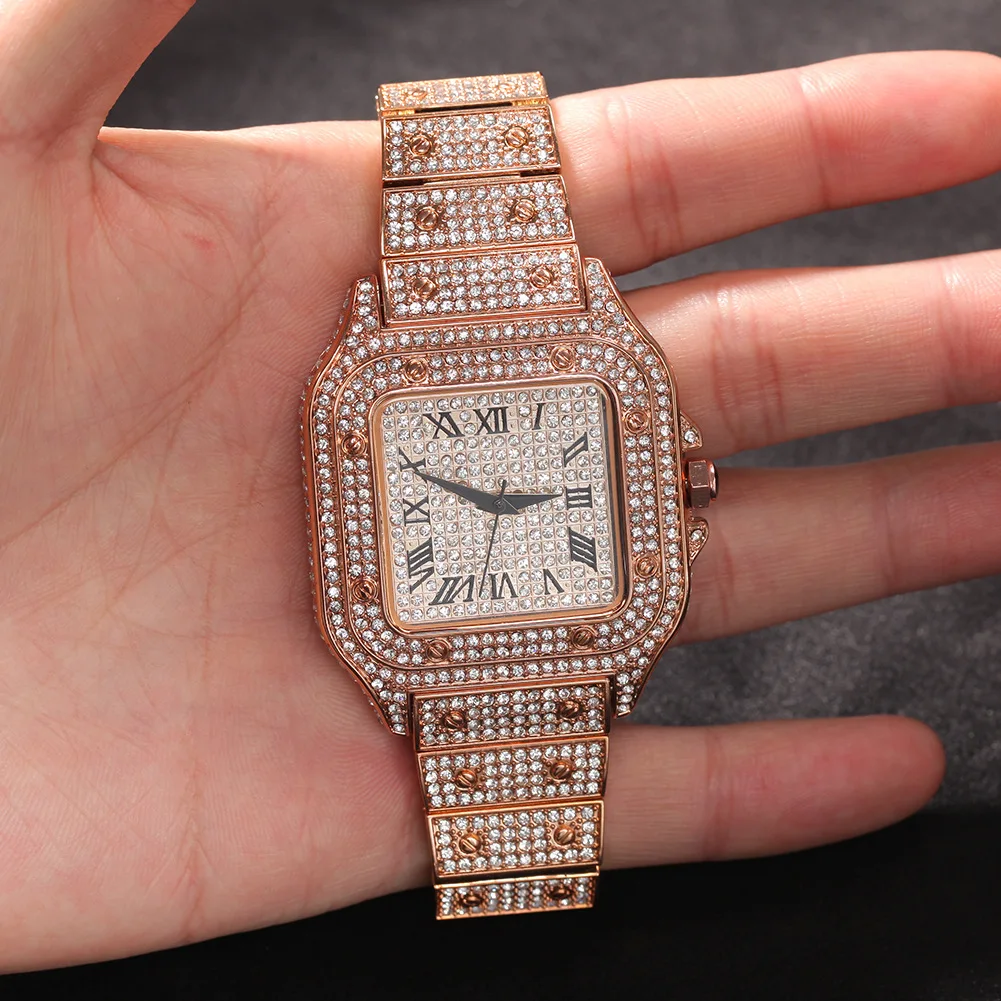 Watches for Men Luxury Hiphop Iced Out Watches Gold Sliver Rhinestone Quartz Square Wristwatch Relogio Masculino Groomsmen Gifts