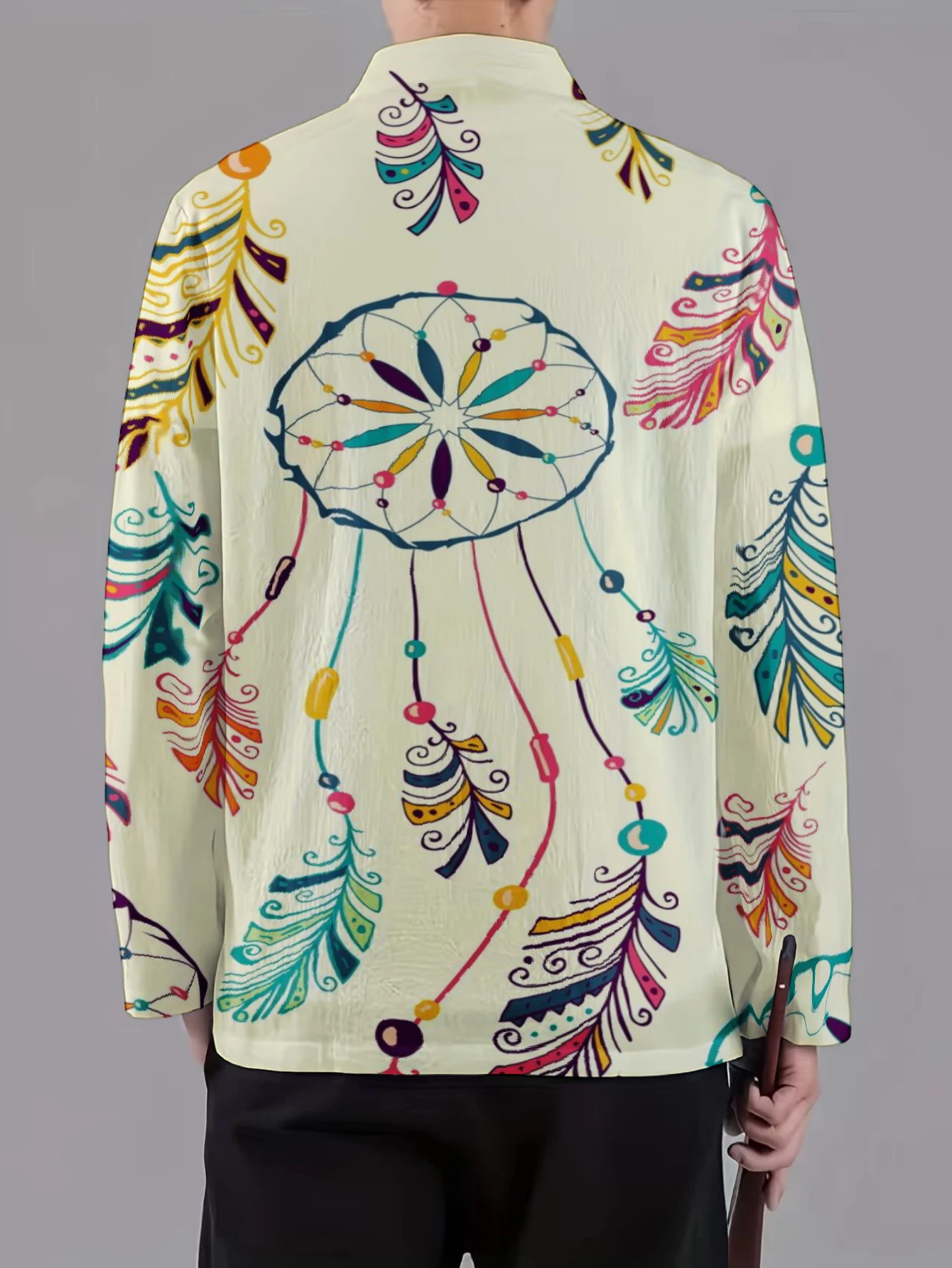 Men Mandarin Collar Frog Button Jacket Abstract Foliage Dreamcatcher Feather Art Print Traditional Outerwear