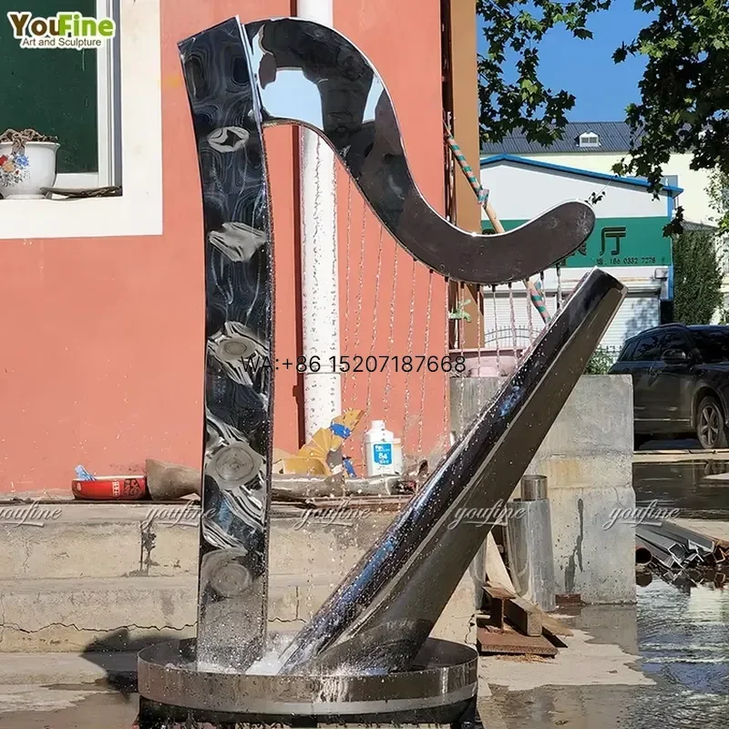 Wmwmnu Stainless Steel Harp Water Fountain Sculpture Mirror Polished Abstract Design for Garden Park Hotel Resort Villa