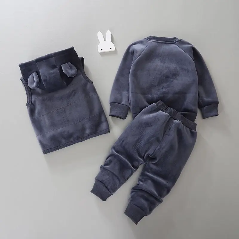 Plush Lined Kids Tracksuit Outfit Warm Hooded Vest + Thicken Cartoon O Neck Tops + Boys/Girls Jogger Pants Winter 3 Piece Sets