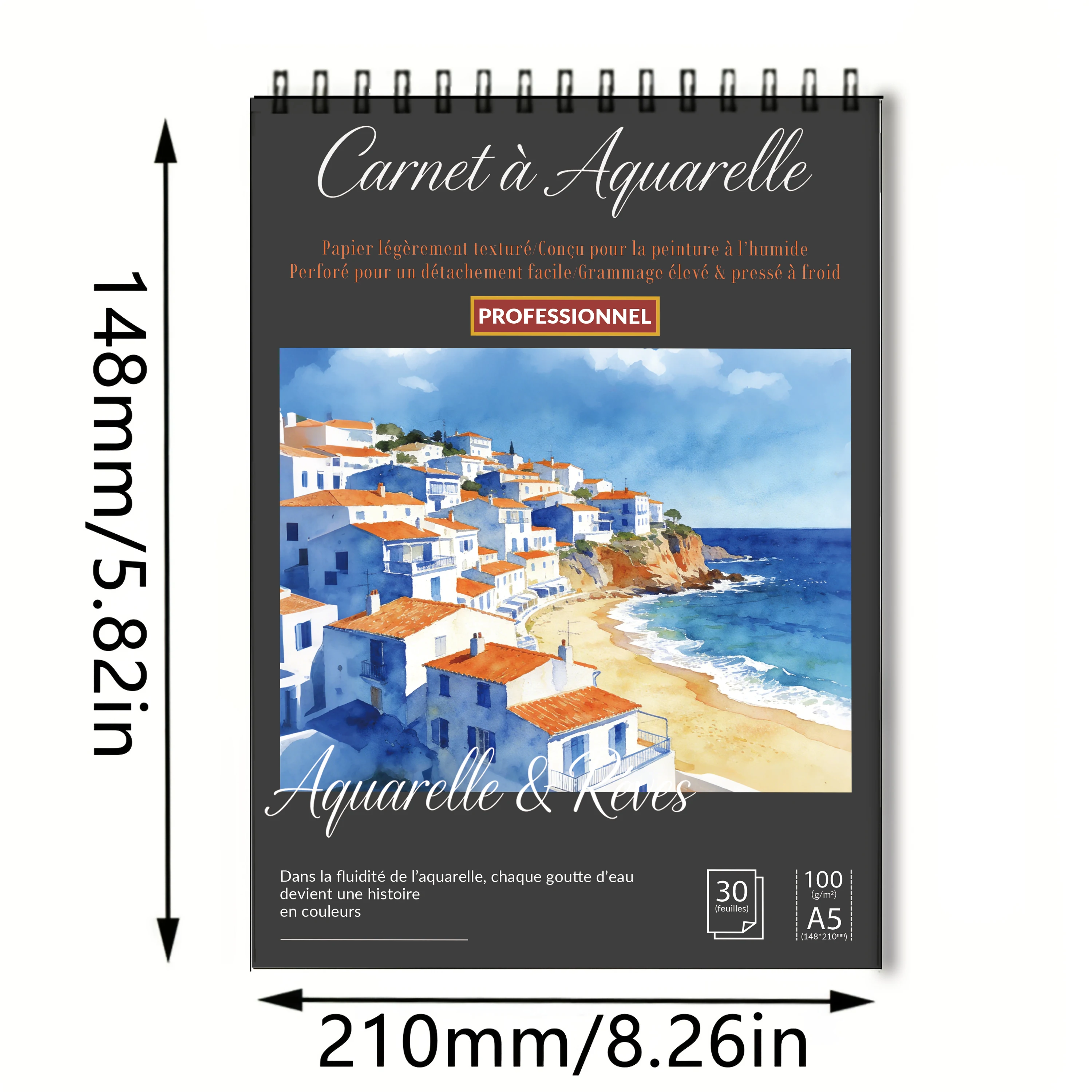 Spiral Bound Art Sketch Book A5, Black Hardcover Coastal Greek Village Print, 100 GSM Acid-Free Pad – For Artists & Students, Ba