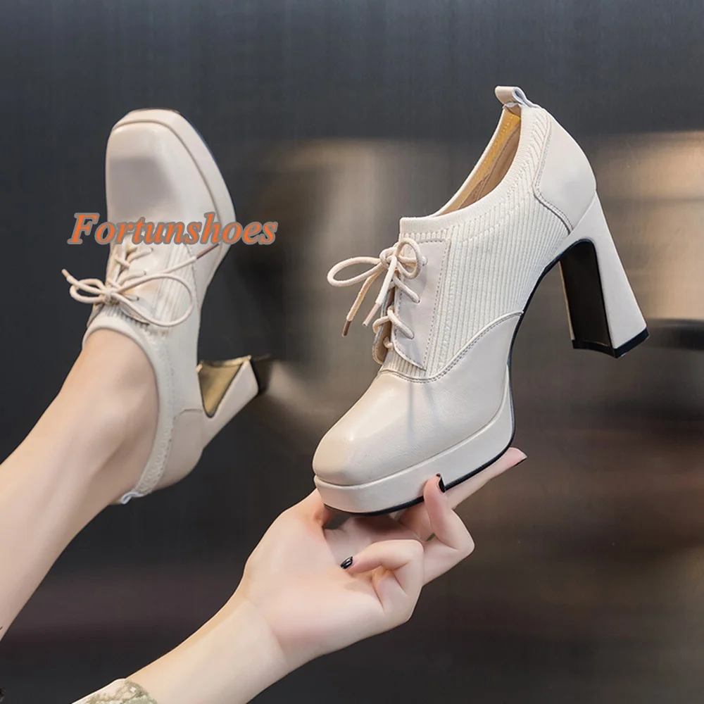 

Chunky Heel Cross Tied Women Pumps Shallow Square Toe Solid Shallow Front Strap Pumps 2025 Newest Fashion Casual Party Boots