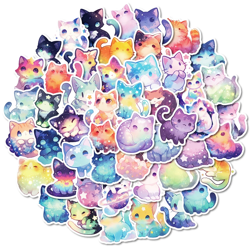 Pegatinas de gato estrellado de colores Kawaii para niños, calcomanías de dibujos animados para juguetes, botella de agua, portátil, teléfono, grafiti, 10/30/50 piezas