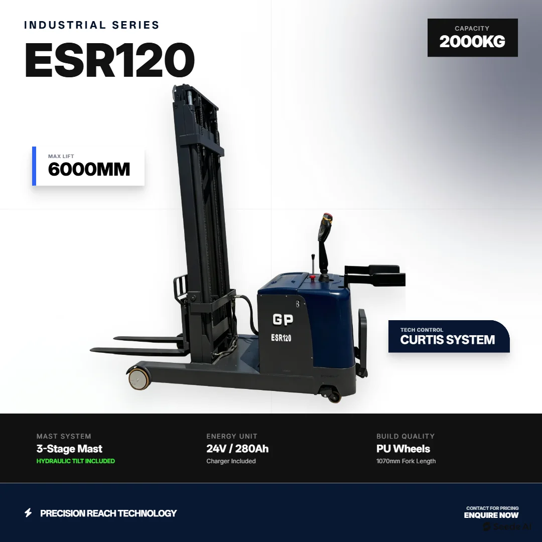ESR120 2T Reach Stacker: 6m Triple Mast, Curtis, 24V/280Ah Lead-Acid, Hydraulic Tilt.