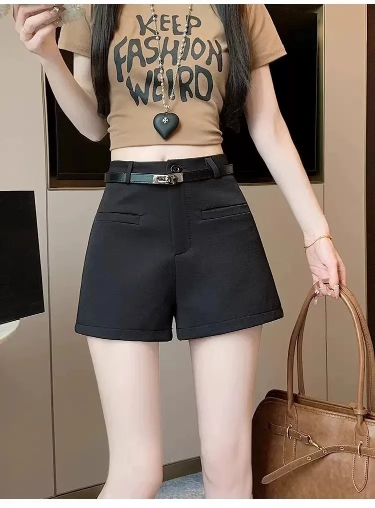 Anzugshorts, Stiefelhosen, Damen-Sommerhosen mit hoher Taille, lockere Passform, figurformend, weites Bein, „Spicy Girl“-Stil, A-Linien-Shorts, für kleinere Statur. – Detail 16