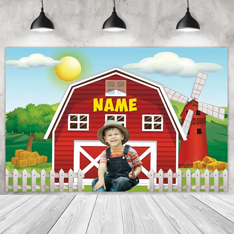 

Sunshine Ranch Party Backdrops Boy Birthday Photography Cake Smash Red House Windmill Background Shoot Customize Name Photo