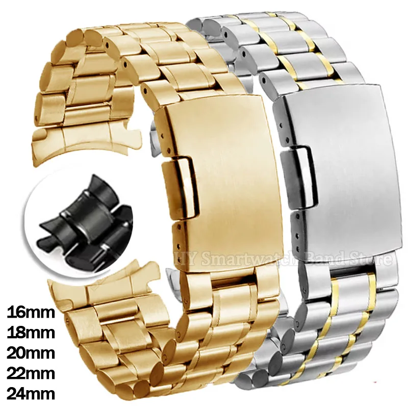 منحني نهاية حزام 16 مللي متر 18 مللي متر 20 مللي متر 22 مللي متر 24 مللي متر الفولاذ المقاوم للصدأ المعصم الفرقة العالمي استبدال سوار ساعة الصلبة للطي المشبك