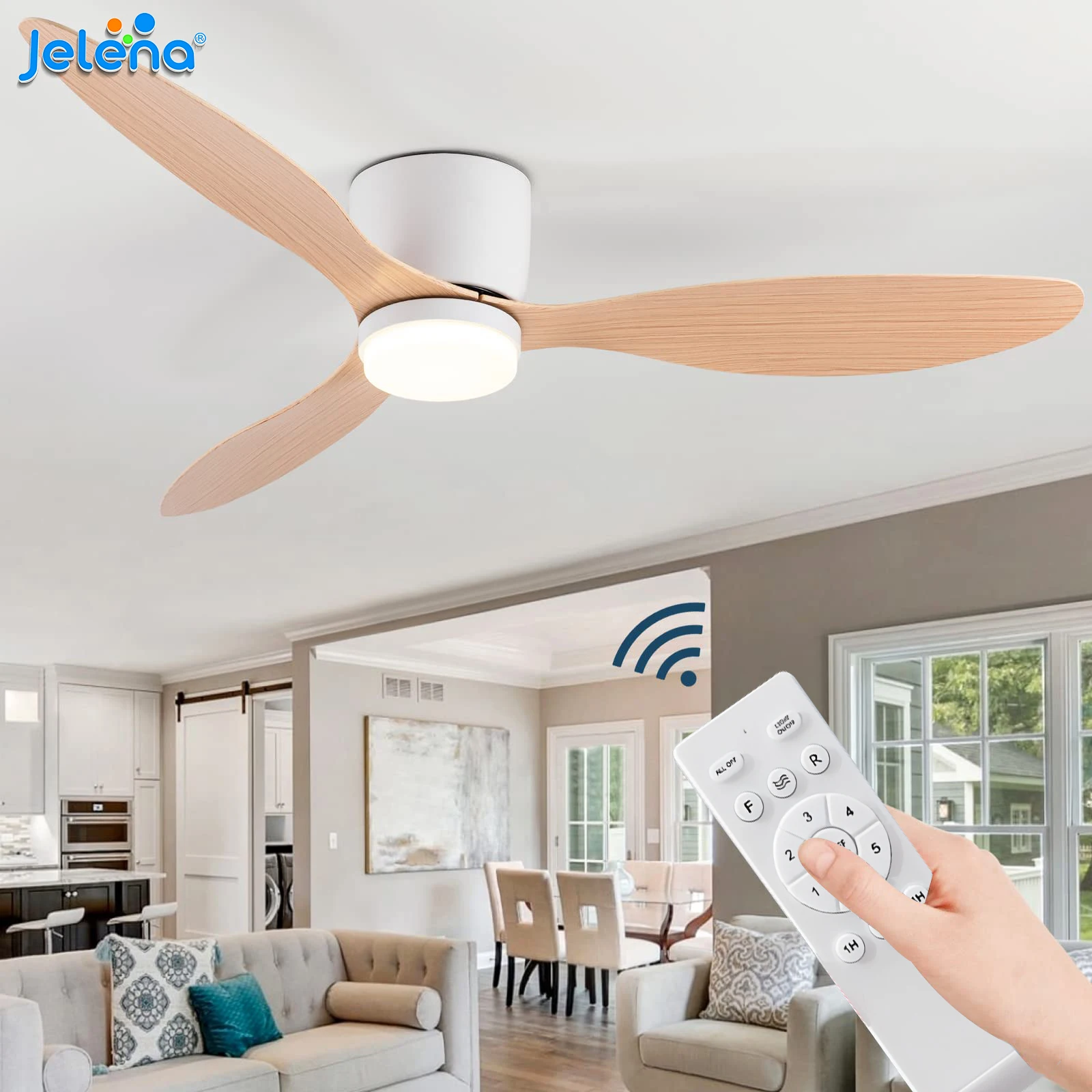Ventilateur de plafond Jelena avec lumière LED, télécommande, grand ventilateur de plafond minimaliste, lampe de plafond intérieure élégante pour chambre à coucher, salon, salle à manger