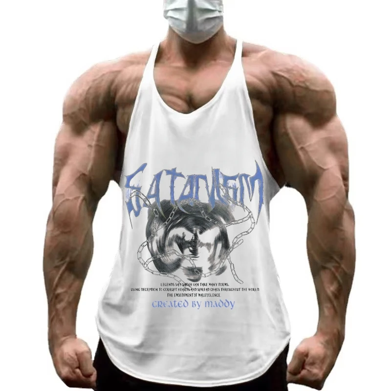 Мужская спортивная майка с сатанинским рисунком, жилет-стрингер для бодибилдинга, топ для тренировок в стиле хэви-метал