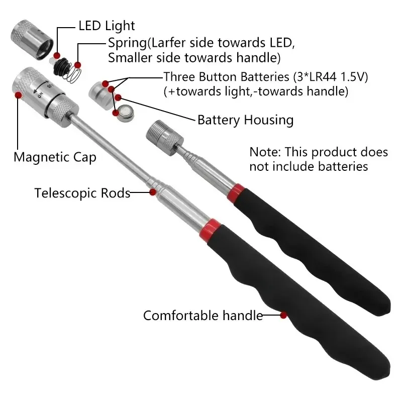 Telescopic Magnetic Pen with LED Light Extendable Pickup Rod Mini Portable Magnet Tool for Screws Nuts Bolts Metal Parts