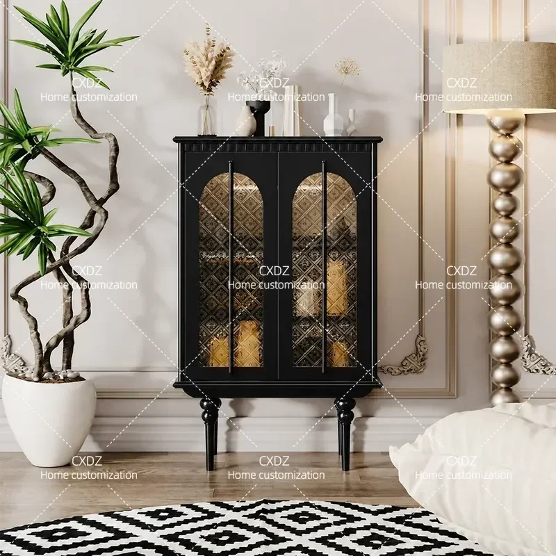 Retro Solid Wood Side Cabinet with Sensor Light Glass Door Wine Storage for Living Room Dining Area Entrance Hallway Home