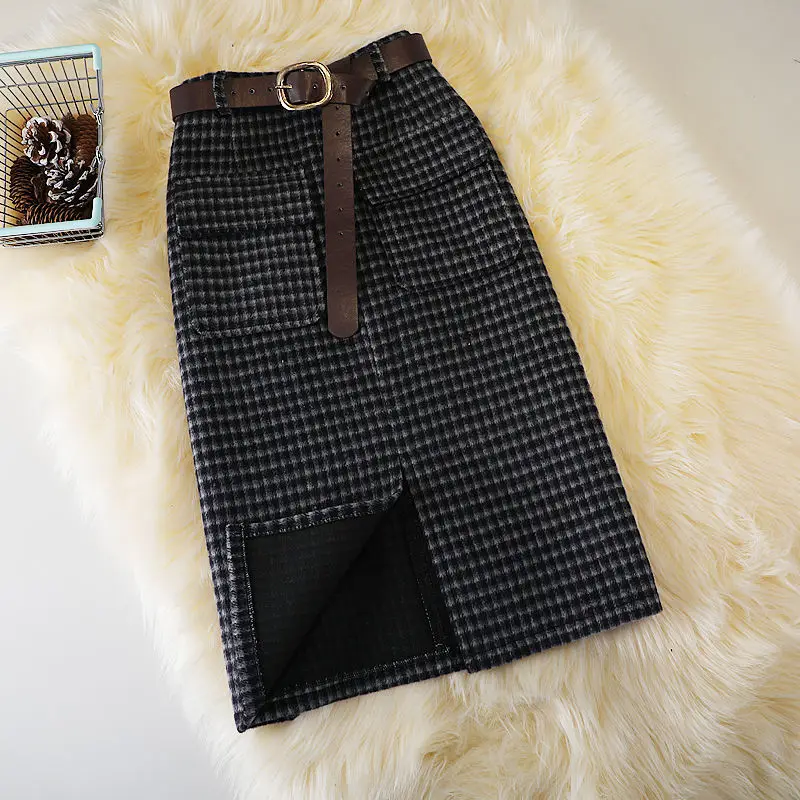 HI-FASHION Woolen Plaid Skirt Female Autumn New High Waist Pocket Split Mid-length Skirts Korean Winter One-step Plus Size Skirt