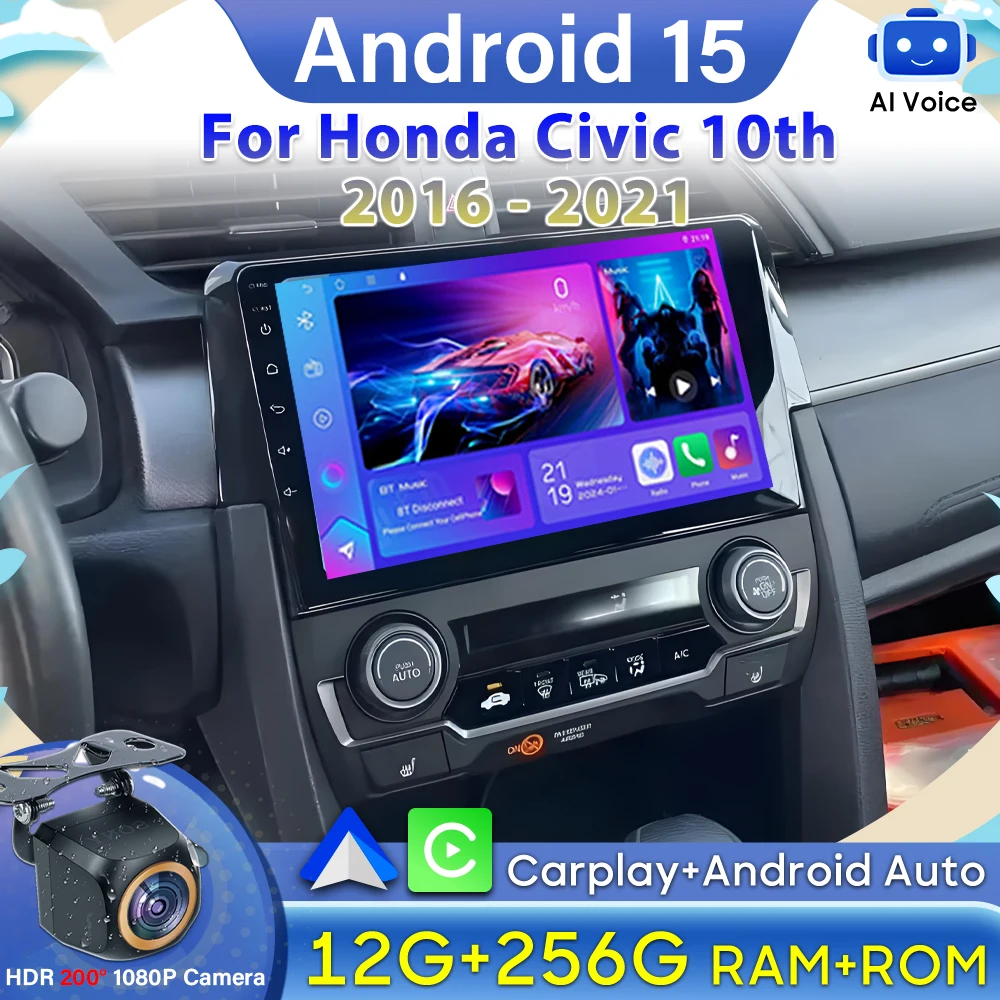 

Carplay Car Radio For Honda Civic 10th 2016 2017 2018 2019-2021 Android 15 Video GPS Navigation No 2din DVD Screen Car Monitor