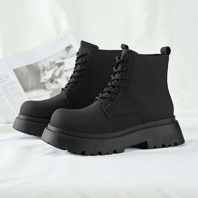 Men Matte PU High‑Top Ankle Boots Lace‑Up Double Thick Platform Lug Outsole Non‑Slip Durable Soft Lining Punk Street Style for