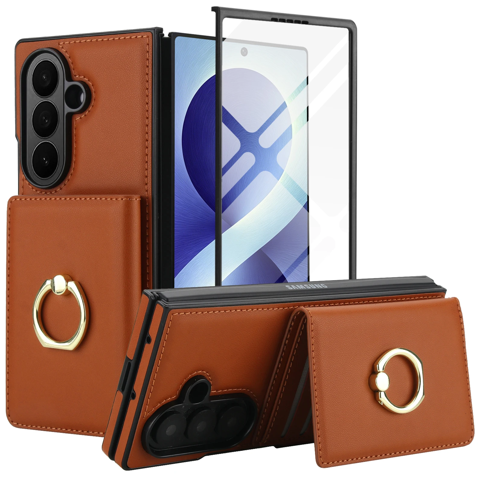 Luxury Leather Ring Wallet Phone Case For Samsung Galaxy Z Fold 8 Ultra 7 6 5 4 3 With Tempered Film Shockproof Card Slots Cover