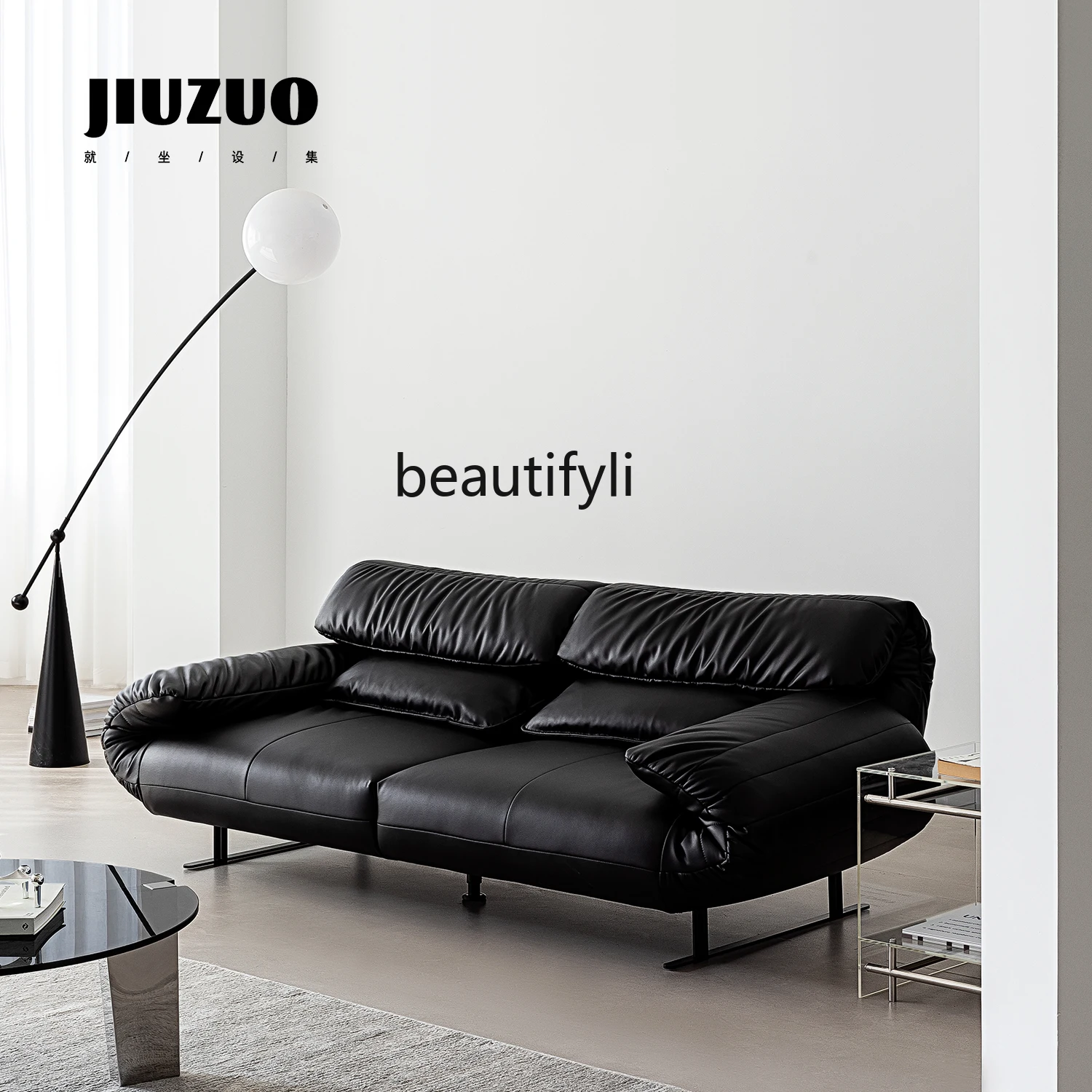 Black leather Bauhaus style can be bent three-person straight folding ear multi-function sofa bed