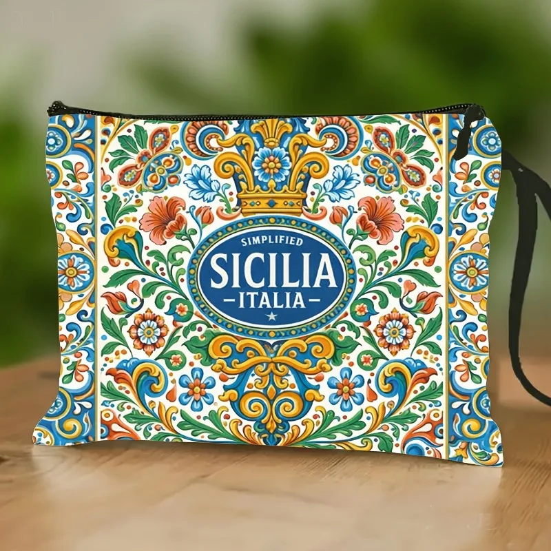 Vintage Italian Floral Print Wrist Strap Toiletry - Sicilian Pattern Travel Organizer with Zipper Closure, Lightweight Case Suit