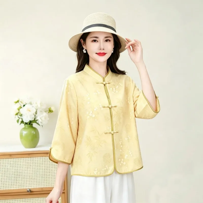 Women New Chinese Style Frog Button Jacquard Blouse Stand Collar Three Quarter Sleeve Middle Aged Ladies Cardigan